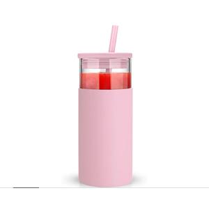 Tronco 20 oz Glass Tumbler With Lids and Straws, Reusable Smoothie Cups With Silicone Lid, Iced Coffee Cup With Silicone Protective Sleeve, Dishwasher Safe- BPA Free（Pink1 Count）