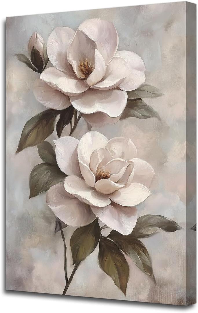 PBXBJY Magnolia Flower Canvas Wall Art Vintage Floral Painting Rustic Picture Print Light Pink Flowers on Grey Background Poster Plants Bathroom Bedroom Decor (16.00" x 24.00")