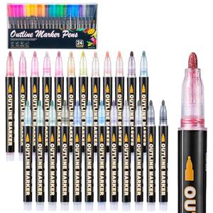 Mzh Art Double Line Metallic Markers set of 24 Colors Glitter Pen Paint Permanent Brush Pen Never Fade Quick Dry for Designing Photo Album, Guest Book, Scrapbook, DIY card, Glass, Rock 2 Pack