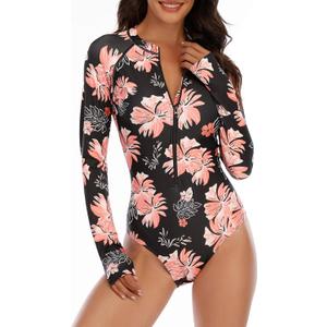 Womens Athletic One Piece Swimsuits Long Sleeve Swimsuit Sports Surfing Swimwear Bathing Suits (10-12, XL Pink Flower)