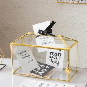 Glass Wedding Card Box with Slot, 12.6 inch Large Clear Card Box Gold Brass Gift Card Storage Box with Lock for Wedding Receptions, Baby Shower, Birthday Party, Bridal Shower