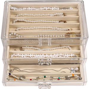 Necklace Organizer Box with Clear Lid, Dustproof Velvet Jewelry Holder Storage Display Case, Stackable Acrylic Necklace Tray Drawer Insert for Women and Girls (Beige,3 Drawers)