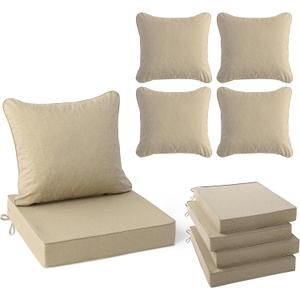 Summsun Outdoor Chair Cushions Set of 4, Faux Linen Patio Furniture Cushions, Water Resistant Backrest and Deep Seat Cushion Set with Ties, Removable Cover, Non-Slip Bottom, 24 x 24 Inch, Nature