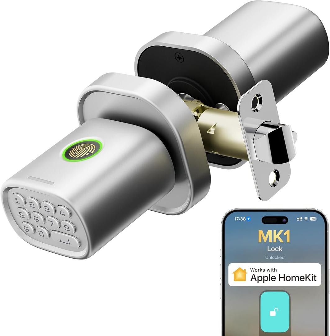 Fingerprint Door Lock with Keypad Door Knob, HomeKit Lock Over , HomeKit Hub ,   Smart Lock for Interior Door, Bedroom, Office, MK1 Silver