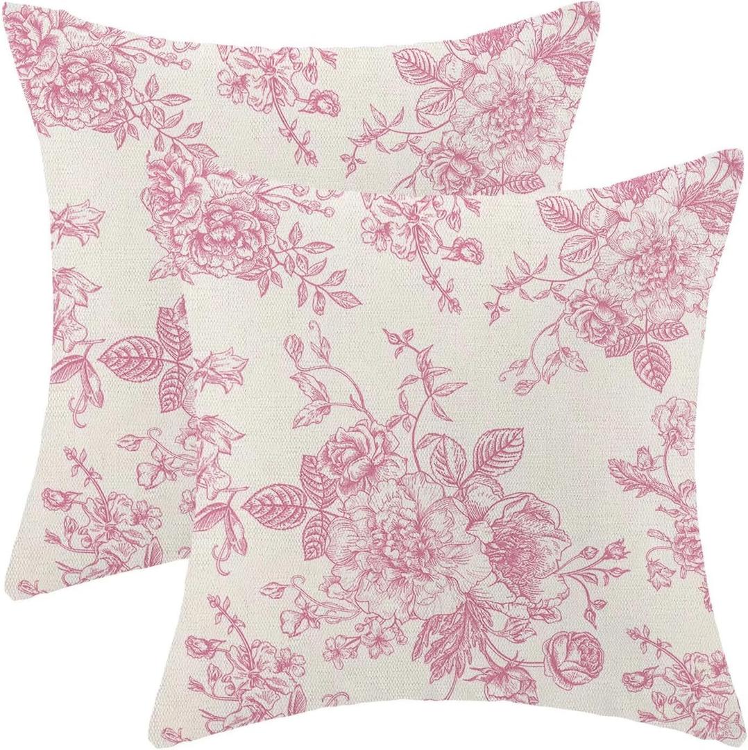 AEIOAE Chinoiserie Floral Pillow Covers 20 x 20 Inch Set of 2 Vintage Pink Flower Decorative Throw Pillow Covers Outdoor Linen Farmhouse Decor Pillowcase for Home Sofa
