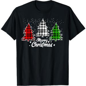 Merry Christmas Tree Xmas Buffalo Plaid Red White Green T-Shirt L 
