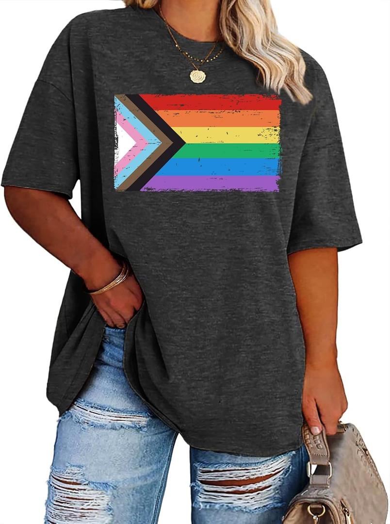 Pride Shirt Women Plus Size Human Tshirt Rainbow Graphic Tee Pride Lesbian T Shirt LGBT Equality Top (Gray, XL)