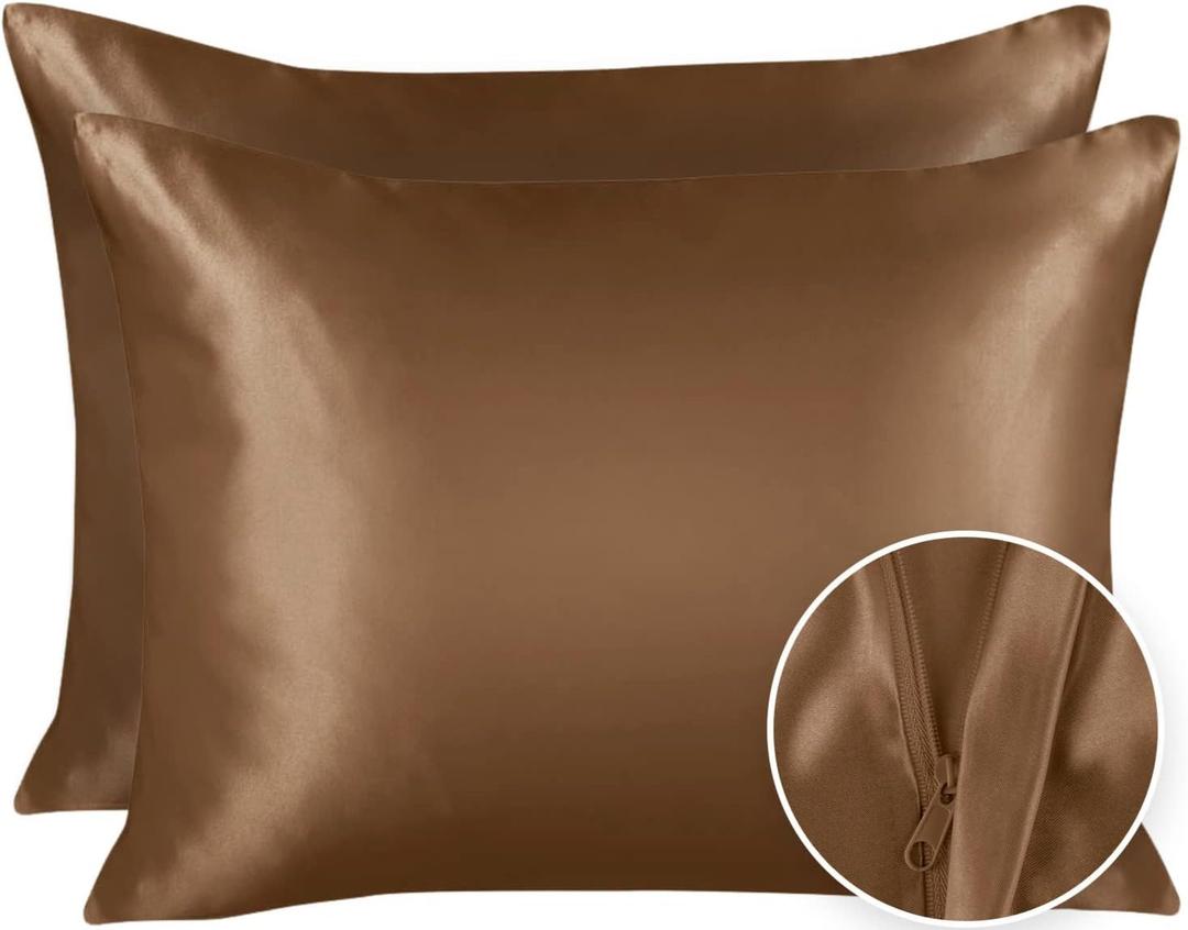 Luxury Satin Pillowcase for Hair  Standard Satin Pillowcase with Zipper, Camel (Pillowcase Set of 2)
