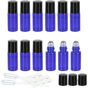 ZEJIA 3ml Roller Bottles 12Pack Cobalt Blue Thick Glass Essential Oil Roller Bottles Stainless Steel Roller Ball with 2 Droppers