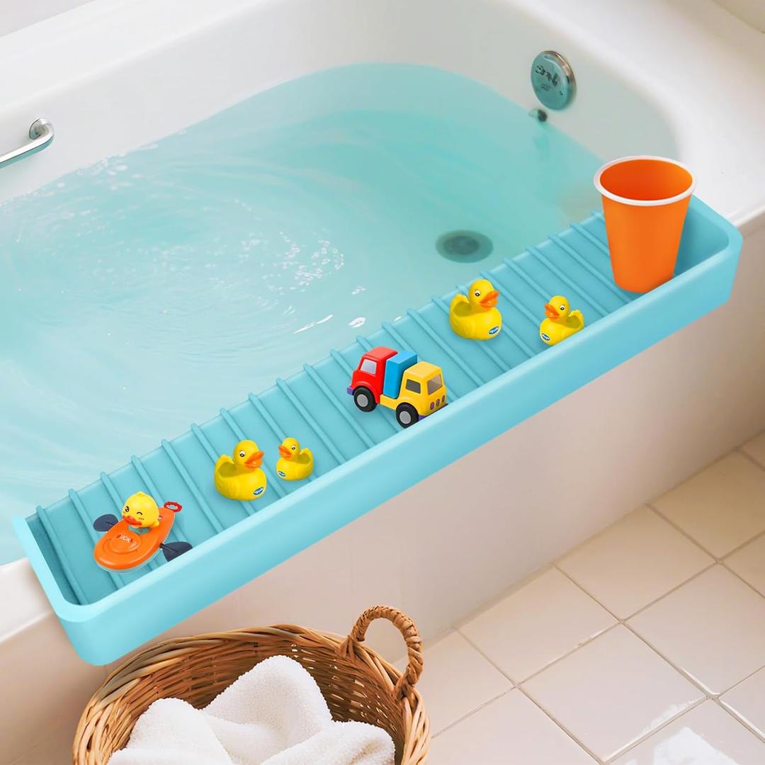 Bathtub Splash Guard for Kids  31.5 Inch Silicone Tub Ledge Shelf with Suction Cups, Keeps Bath Toys Organized & Bathroom Floors Dry, Safe Anti-Slip Water Guard for Toddlers, Blue