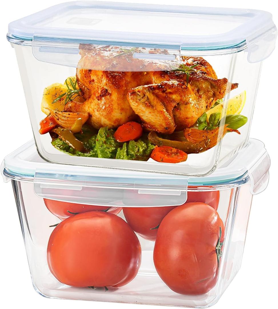 2Pack 2600ml/88oz Large Glass Storage Containers with Lids, Meal Prep Food Container Set for Storing food, vegetables or fruits - Microwave, Oven Safe