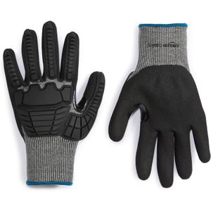 Amazon Basics Cut Level A2, Abrasion ANSI Level A4, Impact Protection Gloves, Touch Screen Friendly 15G Sandy Nitrile Palm (Large, Black)