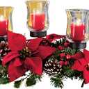 Collections Etc Christmas Poinsettia Candle Holder Centerpiece with Pinecones, Red 20" L x 9" W x 9 1/4" H