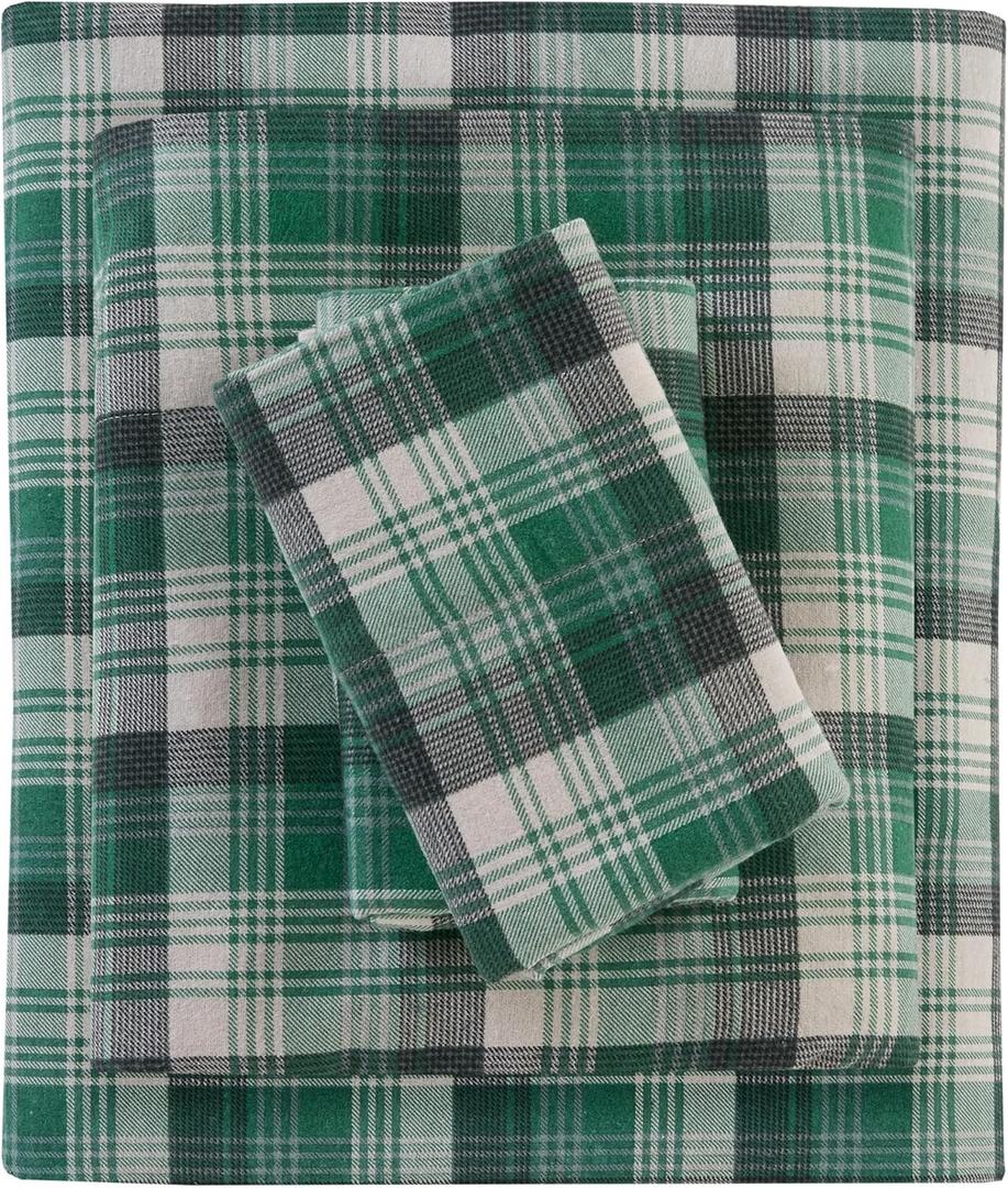 Woolrich Cotton Sheet Set Cottage Charms Print, 100% Cotton Flannel Sheets Warm & Fuzzy Bedding Set Queen Size Sheets, Fitted Pocket Fits Up to 14" Mattress, Queen Green Plaid, 4 Piece