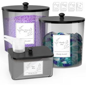 COAZEX 3 Pack Laundry Powder Container & Dryer Sheet Holder, Plastic Laundry Room Organization and Storage Jars with Lids, Labels & Scoops for Powder, Detergent, Scent Booster (Black)