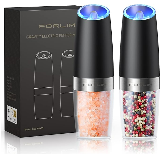 FORLIM Gravity Electric Salt and Pepper Grinder Set, Automatic Pepper Grinder Shakers Mill, Upgraded Batteries Powered Adjustable Coarseness with LED, One Hand Operation Perfect for Kitchen(Black)