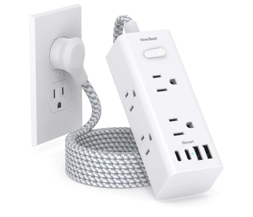 Power Strip Surge Protector - One Beat 6-Wide Outlets with 4 USB Ports (2 USB-C), 5 Ft Extension Cord Flat Plug, Wall Mount Outlet Extender Small Power Strip for Travel Home Office College Dorm Room