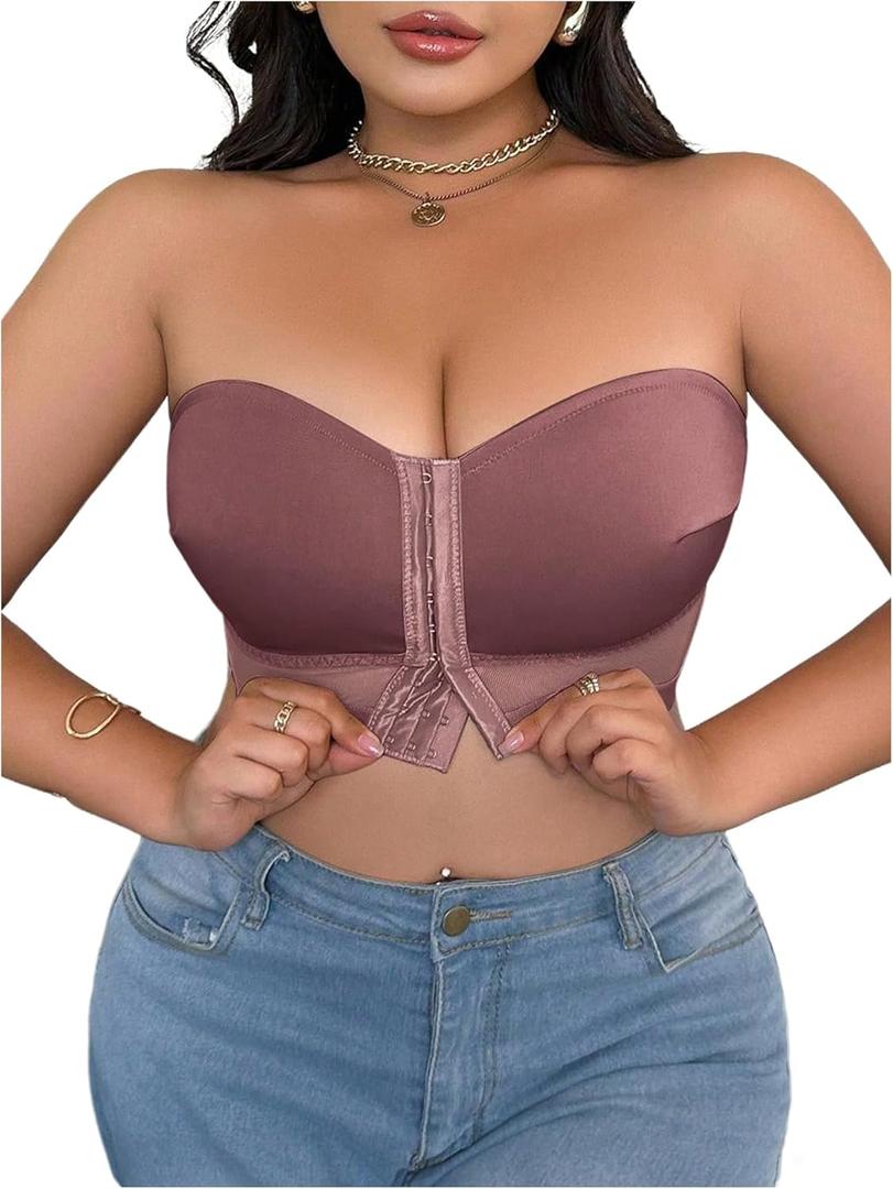 MakeMeChic Women's Plus Size Strapless Bras Front Closure Half Push Up Bra Bandeau Wireless Bralette for Large Bust (Brown), 4XL