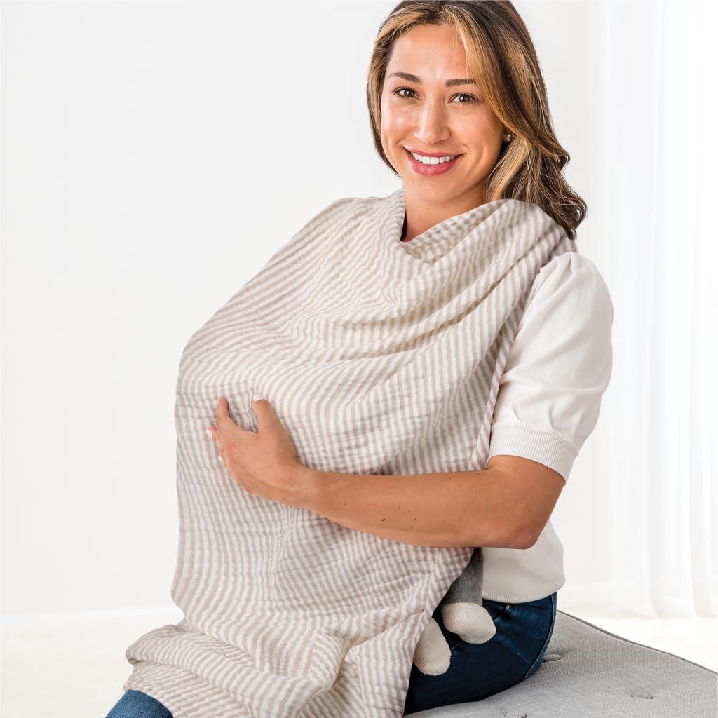 Itzy Ritzy Breastfeeding Boss Multi-Use Cover  A Nursing Cover, Swaddle, Car Seat Wrap, Tummy Time Mat & Burp Cloth All in One  Made of Soft Muslin Fabric & Measures 47 x 47 (Taupe Stripe)