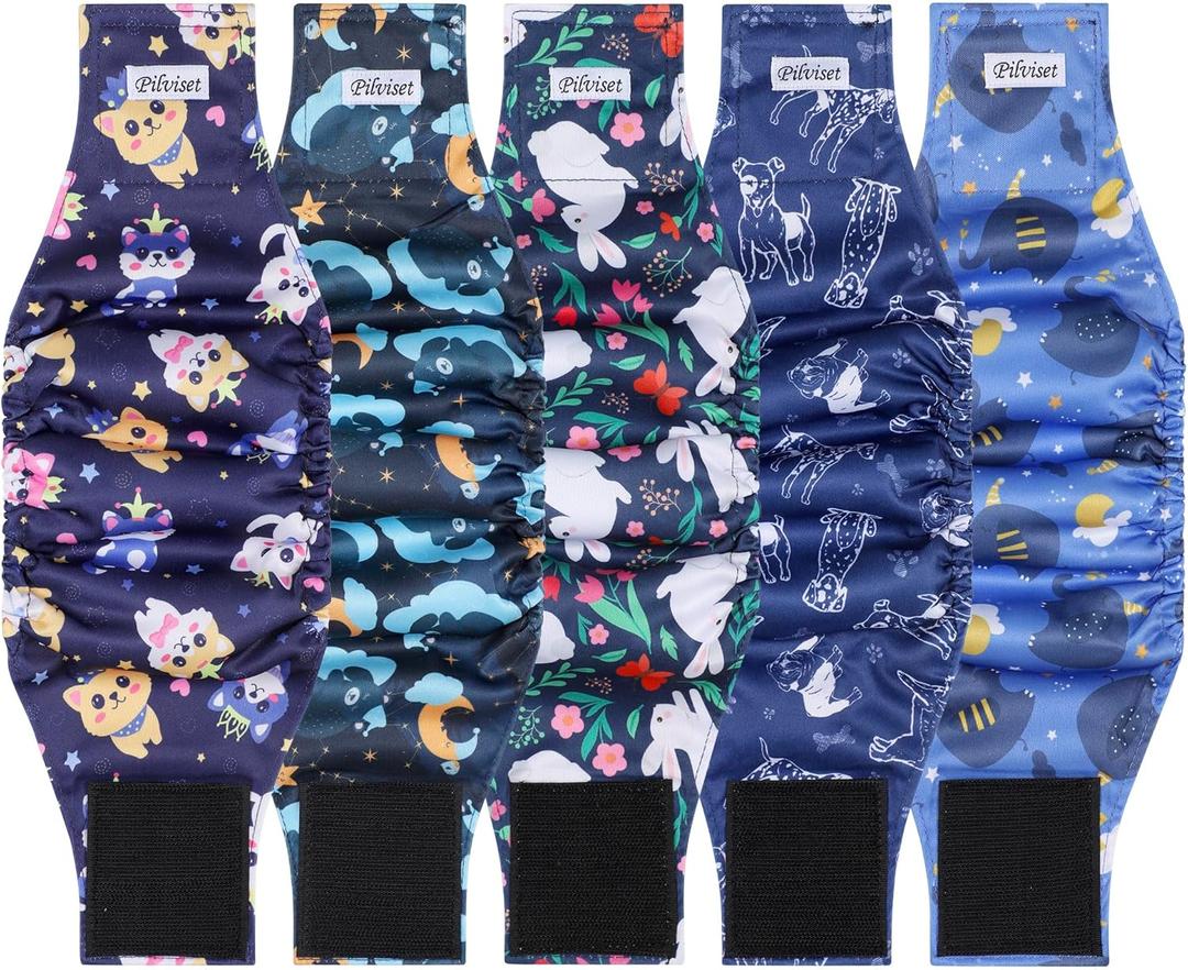 5 Pack Washable Diapers for Male Dogs, Belly Bands for Male Dogs, High Absorbing Male Dog Pee Wraps for Doggie in Incontinence or Excitable Urination and Training, S (Cute Dog Pattern)