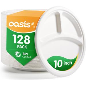 𝟭𝟬 𝗶𝗻𝗰𝗵, 𝟭𝟮𝟴-𝗣𝗮𝗰𝗸 3-Compartment Disposable Paper Plates, Compostable Heavy-Duty Divided Plates for Meal Prep, School Lunches & Party Buffets (White), 10 inch