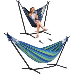 SUNCREAT 2-in-1 Hammocks Hammock Chair with Stand, 475 lbs Capacity, Heavy Duty Two Person Hammock with Stand, Patent Pending, Blue Stripe