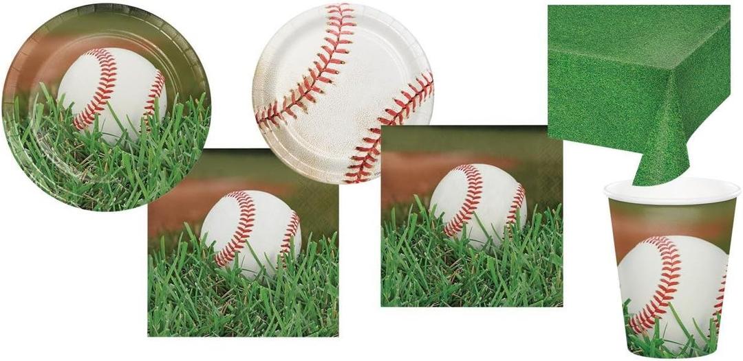 Baseball Party Supplies for 16 Guests: Dinner Plates, Dessert Plates, Cups, Luncheon Napkins, Beverage Napkins, tablecover
