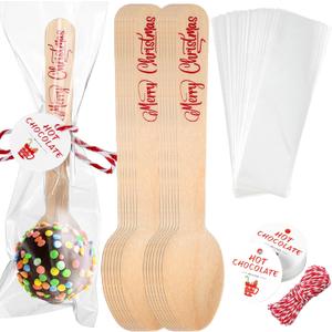 100 Set Christmas Wooden Spoons Hot Cocoa Chocolate Marshmallow Bar Stirring Spoons Chocolate with Tag Bag Rope Gift for Cake Candy Baking(Merry Xmas,Trendy)