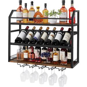 Hoctieon Wall Mount Wine Rack, Wall Mounted Wine Bottle Rack for Display and Storage, Hanging Bottle Holder, for Living Room, Dining Room,Bar, Wine Cellar, Rustic Brown