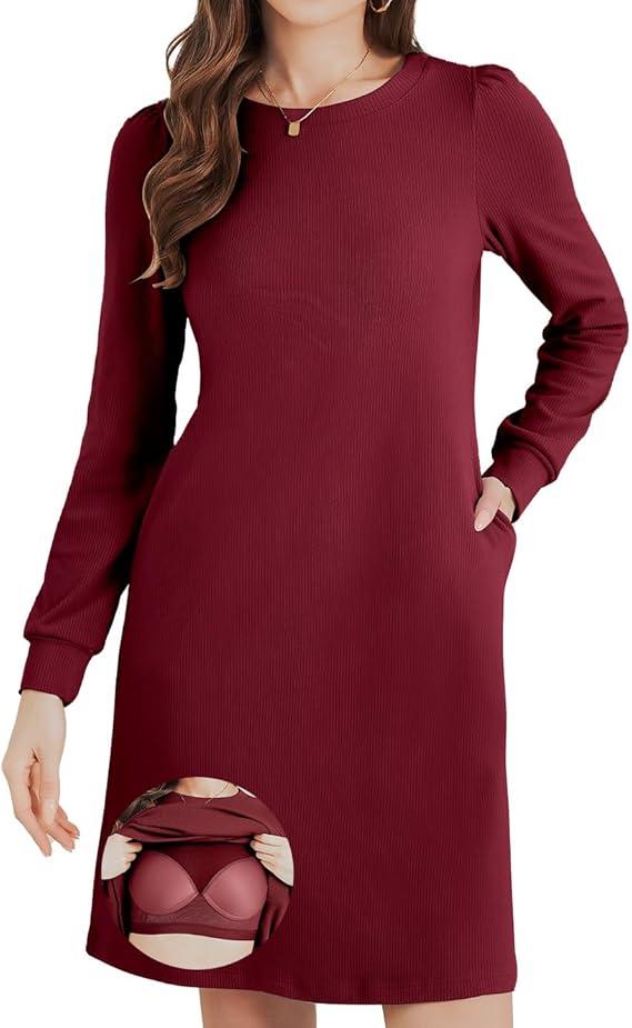 JOYSHAPER Women's Knit Dress with Long Puff Sleeves for Women Fall Dress Winter Dress Casual Long Tunic Dress with Pockets, M 