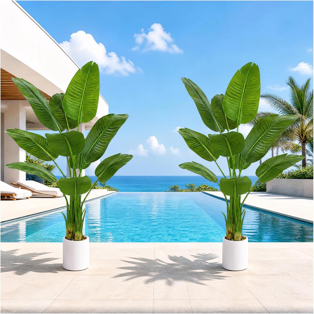 Pack 2 Artificial Bird of Paradise Plant 5FT Fake Palm Tree Faux Plants in White Pot Artificial Tree Fake Plant for Indoor Outdoor Modern Decoration for Home Living Room Office