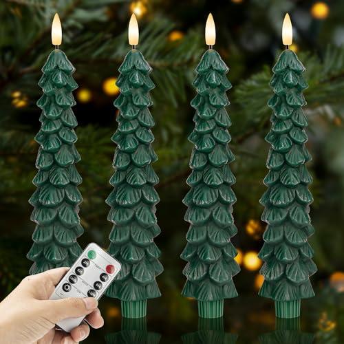 Christmas Tree Candles with Remote, 4 Pack Green Flameless Taper Candles Battery Operated, Real Wax 9.6 Inch Flickering Led Christmas Tree Candlesticks Decorations for Winter Home Holiday Xmas Gift