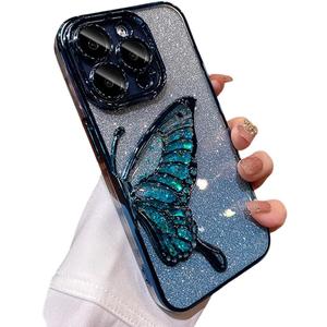 Designed for iPhone Case,Luxury Electroplated Liquid Floating Gradient Glitter Quicksand Butterfly Clear Shockproof Protective Cover Phone Case (Blue,iPhone 15 Pro Max)