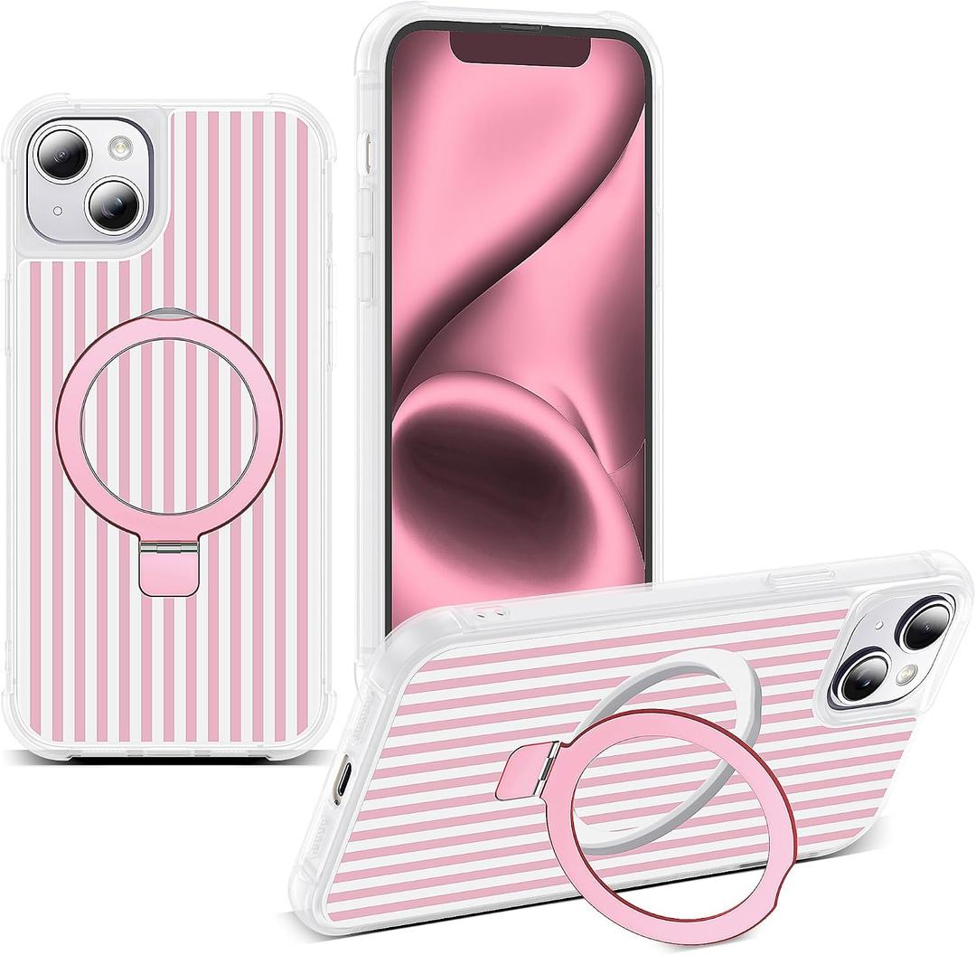 Compatible with Striped iPhone 13/14 Case with Stand,6.1" T-Pink
