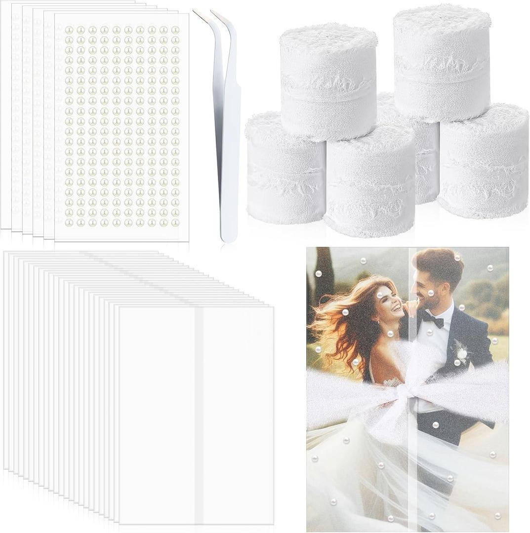 MotiMind 50 Set Pearl Pre Folded Vellum Jackets for 5 x 7 Invitations 6 Chiffon Silk Ribbon 32.8 Yard, 1200 Pearls Stickers with 1 Tweezer for Wedding Invitations Save The Date Card and Scrapbooking