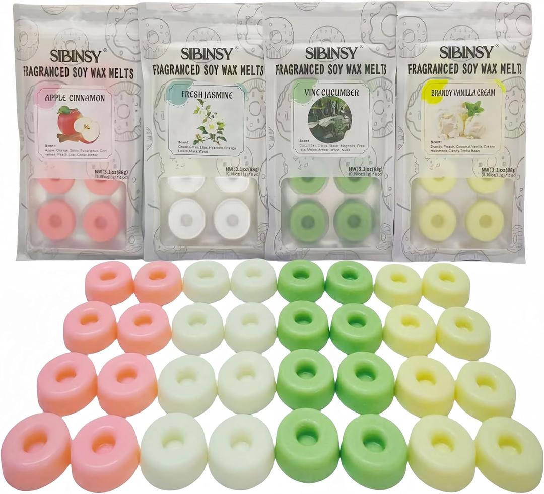 32 Donut Soy Scented Wax Melts Wax Cubes Strong Scent for Warmers Non Toxic Candle Melts Apple Cinnamon Vanilla Jasmine Cucumber