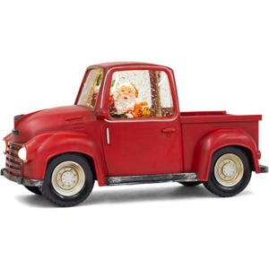 Roman, 6" H Lighted Swirl Red Truck with Santa and a Puppy, Confetti Lites, Tabletop Christmas Decoration