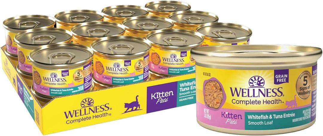 Wellness Complete Health Pate Kitten Canned Wet Cat Food, Natural, Protein Rich, Grain Free, Whitefish and Tuna Entrée Recipe, 3 oz, Pack of 24 Cans, BB Date: 09/25/2028