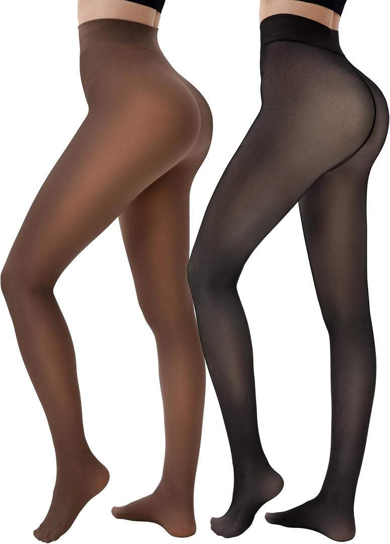 HONGTEYA 2 Pairs Fleece Lined Tights Women - Warm Sheer Pantyhose Fake Translucent Tights Winter Thermal Leggings (US, Alpha, Small, Regular, Regular, Fake Translucent Black+Coffee)