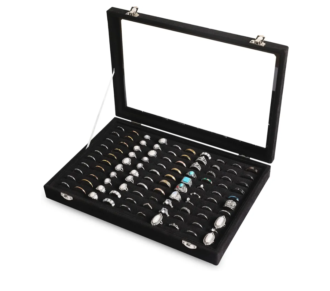 Frebeauty Ring Organizer Tray 100 Slots Ring Holder with Clear Lid Velvet Storage Box Jewelry Tray for Jewelry Store Earring Display Case for Jewelry Show Studs Box for Women(Black)
