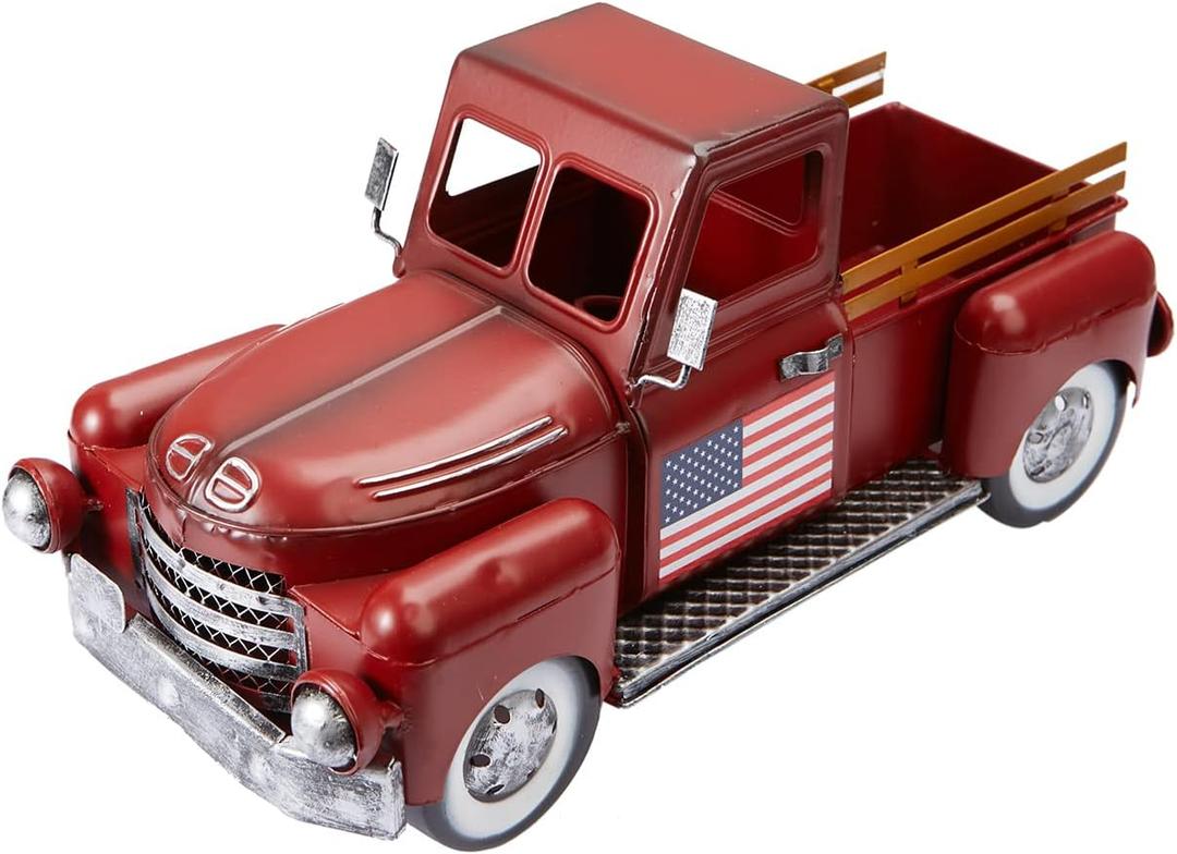 Vintage Red Truck Christmas Decor,Farmhouse Metal Trucks Planter, Decorative Americana Tabletop Storage,Patriotic Table Centerpiece Decorations