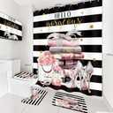 4Pcs Pink Black Girls Bathroom Sets with Shower Curtain and Rugs, Fashion Flower Perfume Toilet Lid Cover, Bath Mat, Women Girly White Striped High Heels Books Shower Curtain with 12 Hooks