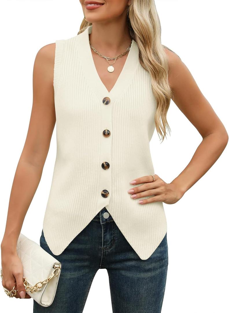 Rapbin Women's Sweater Vest Button Down Sleeveless V Neck Tank Tops 2024 Fashion Trendy (Medium, Apricot)
