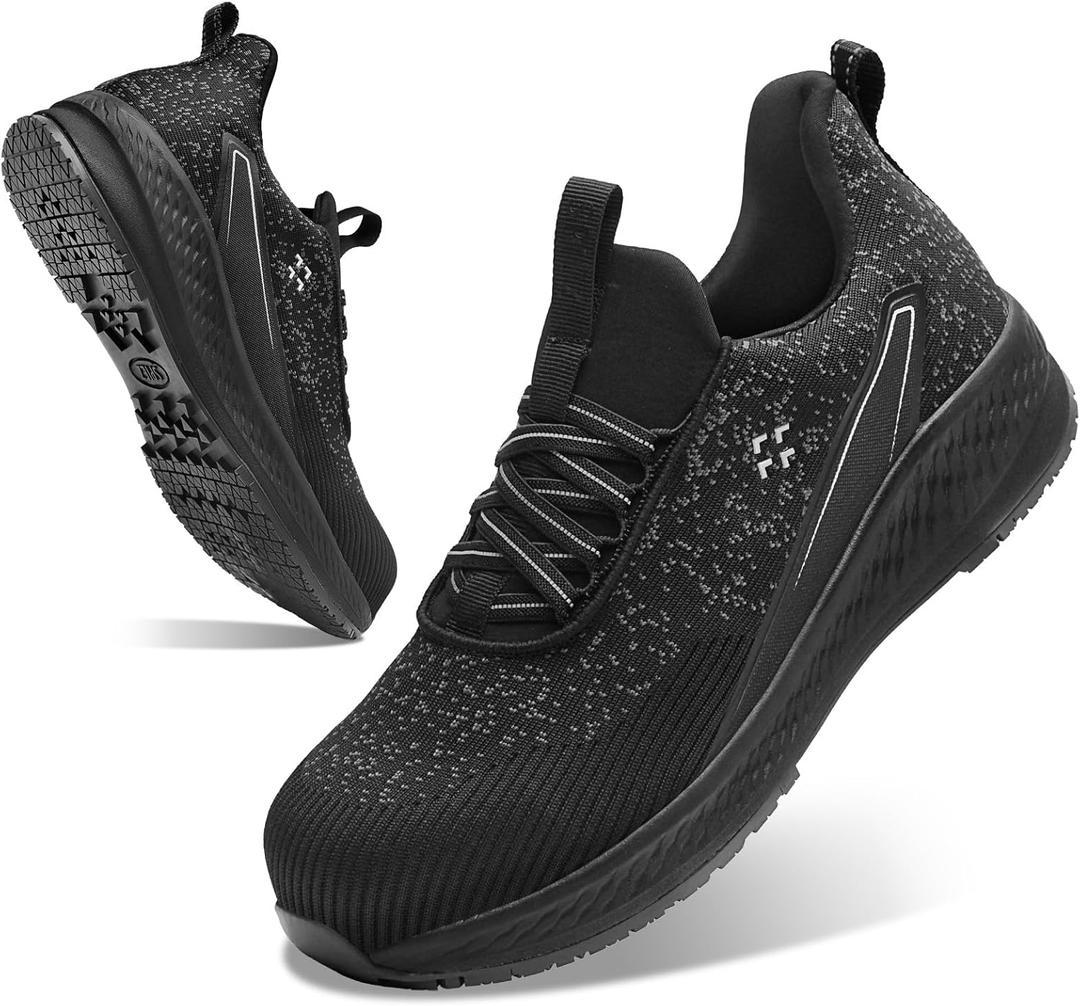 SPIEZ Slip-On Safety Shoes for Men & Women - Non-Steel Composite Toe, Fashion Sneaker Design, Hands-Free Convenience, All-Day Protection, US 5.5-13.5 (Black Gray)