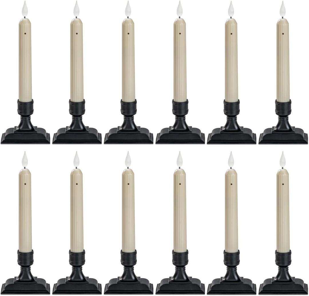 Homemory 12 Pcs Window Candles with Sensor Dusk to Dawn, White Light Electric Window Candle, Christmas Fake Candles Battery Operated, Led Candlesticks with Black Holders for Xmas Holiday Decor