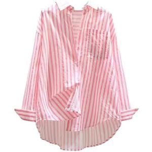 Verdusa Women's Striped Print Button Down Shirts Long Sleeve Collared Loose Blouse Tops.S