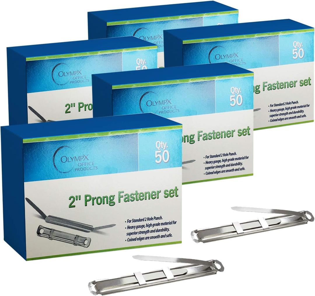 Prong Paper Fasteners 2" Capacity, 250 Complete Sets, Heavy Duty Steel with Compressor, Standard 2-Hole Punch, 2.75" Base for File Folders, Folder Clips, 5 Boxes (50 Each), Made in USA - OLYMPX