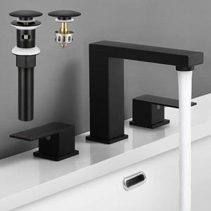 KES All Metal Black Bathroom Faucets with Pop Up Sink Drain with Overflow, 8 Inch Widespread Bathroom Faucet 3 Hole Vanity, SUS 304 Stainless Steel Matte Black, L4350LFF12-BK-C1