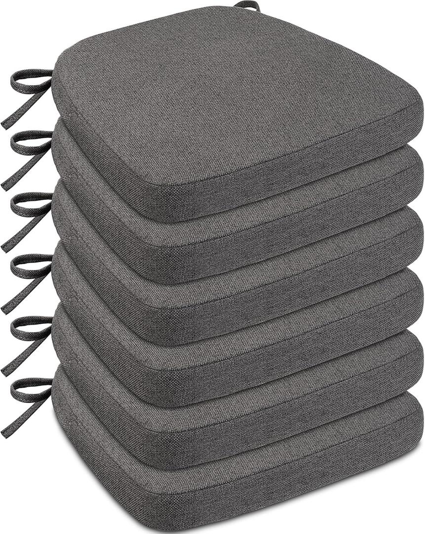 Sunsleek Chair Cushions for Dining Chairs, D-Shaped Seat Cushions with Removable Washable Cover and Ties, Chair Pads for Kitchen, Indoor Dining Room, Patio Chairs, 17'' x 16'', Set of 6, Dark Grey