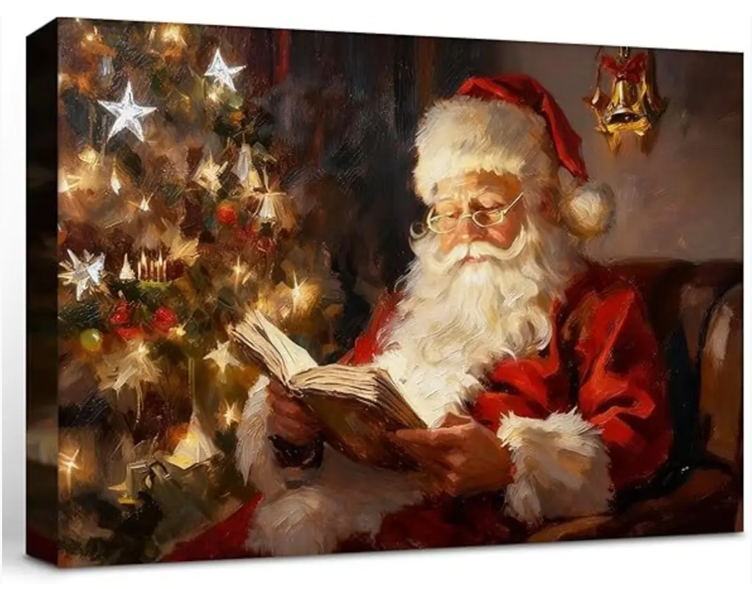 Framed Christmas Canvas Wall Art Print, Vintage Santa Reading Book Canvas Painting Decor, Christmas Pictures Wall Art for Living Room Bedroom Fireplace Decor 12x8 In